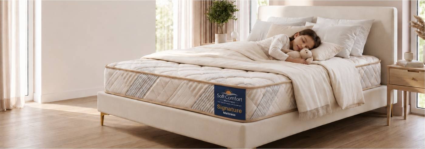 Child sleeping on a Soft Comfort Signature mattress in a home bedroom in Pune